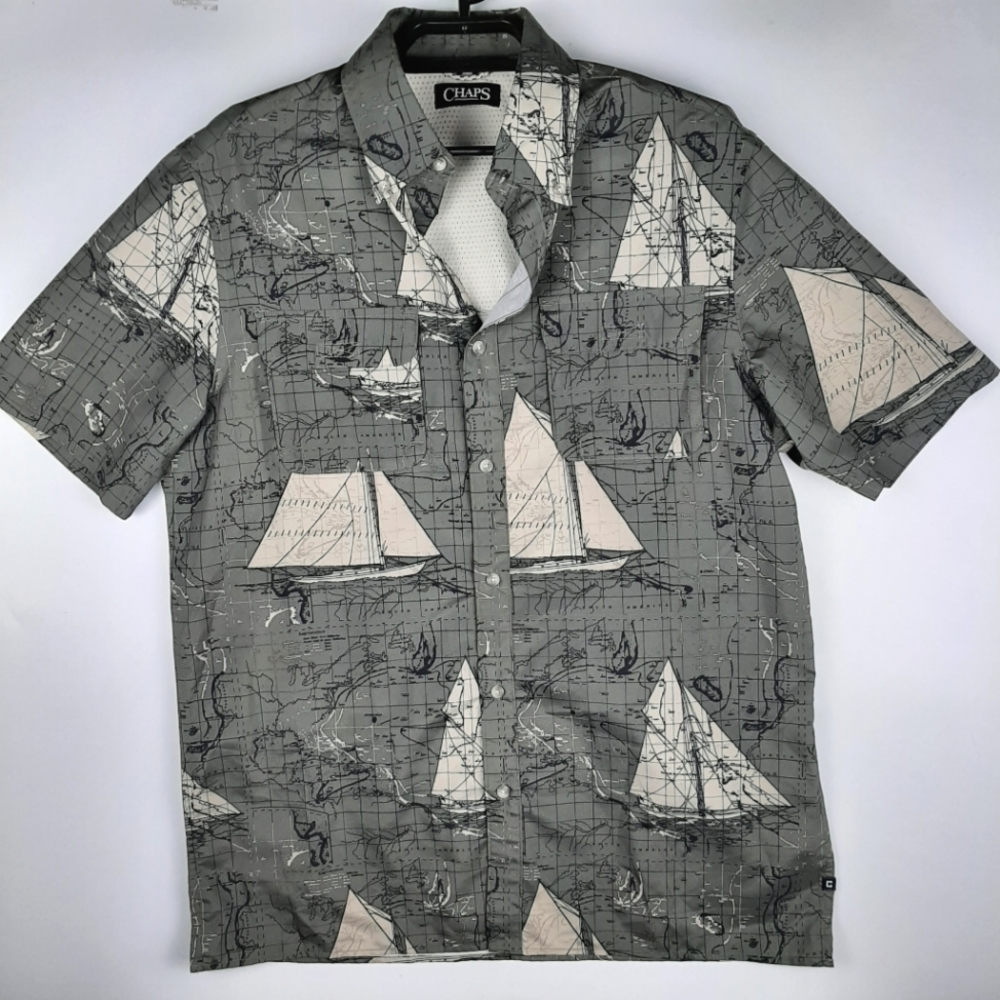 Chaps Explorer Sailboat Button Down Shirt Green/Gray Vented Men's Medium
